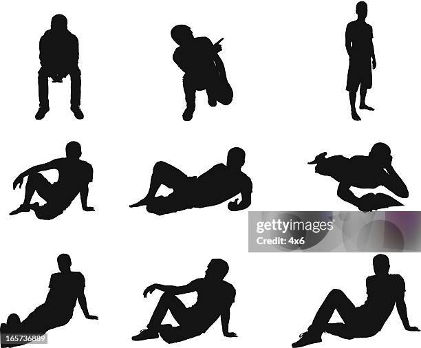 relaxed men in different poses - lying on front stock illustrations