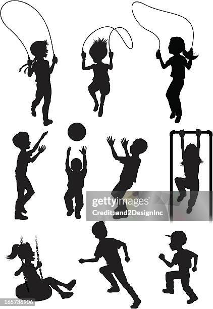 silhouettes of children playing - tire swing stock illustrations