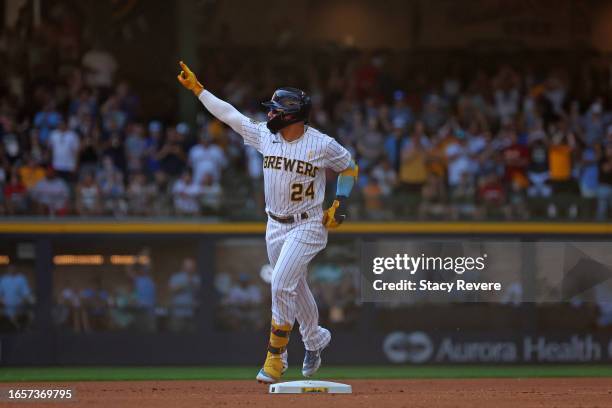 William Contreras of the Milwaukee Brewers runs the bases following a home run against the Philadelphia Phillies during the first inning at American...