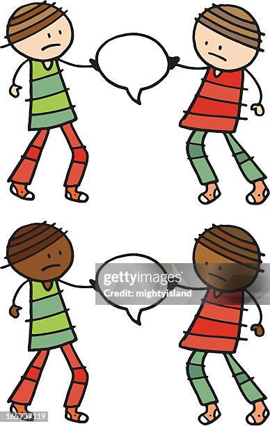 boys fighting over a speech bubble - two teens talking stock illustrations