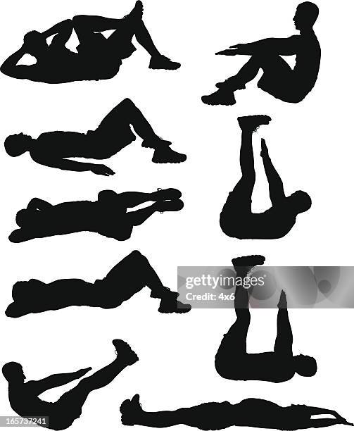 men doing an intense ab workout - lying on back exercise stock illustrations