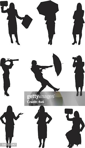 business women doing different activities - holding umbrella isolated stock illustrations