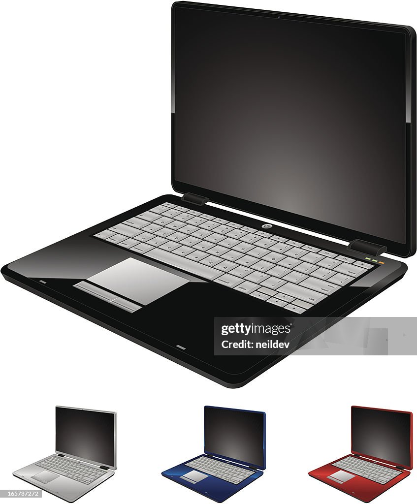 Four colored laptops in three quarter view