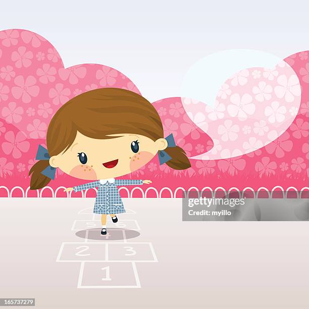 cute girl playing  hopscotch. schoolgirl illustration vector cartoon happy - cement floor stock illustrations