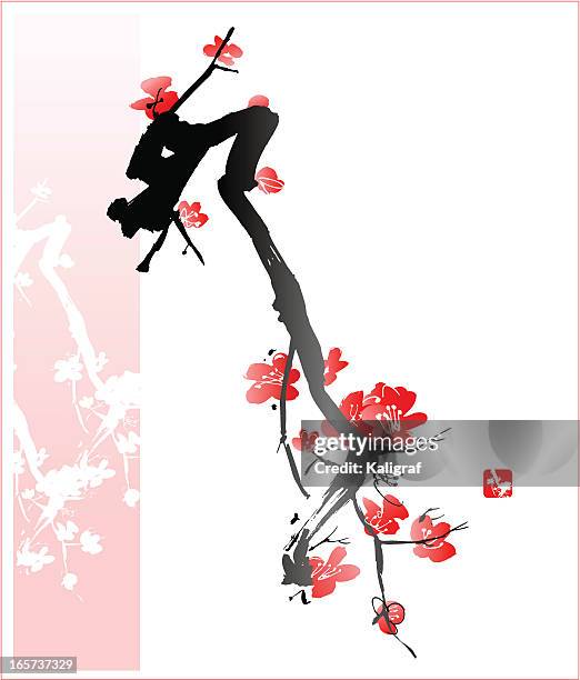 ilustrações, clipart, desenhos animados e ícones de árvore de flor de laranjeira - ink wash painting