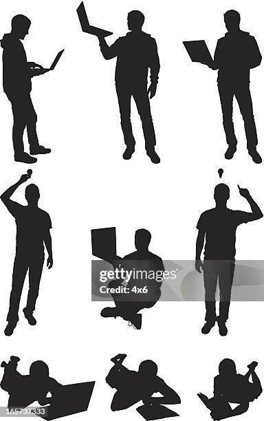 men reading and studying with a laptop - man thinking at computer stock illustrations