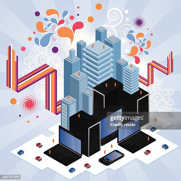 hardware technology city - floating laptop stock illustrations