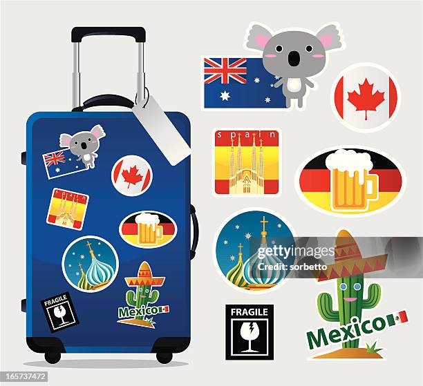 cartoon suitcase with travel stickers and icons - sticker stock illustrations