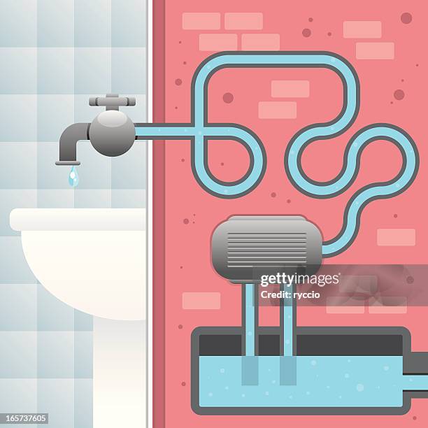 vector tap and tube inside the wall section - water treatment stock illustrations