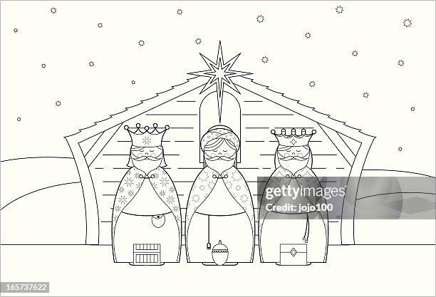 color in three christmas king character icons - school play stock illustrations