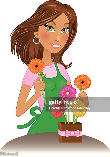 schöne brunette floristen arrangieren gerbera daisies - pretty brunette woman cartoon stock-grafiken, -clipart, -cartoons und -symbole