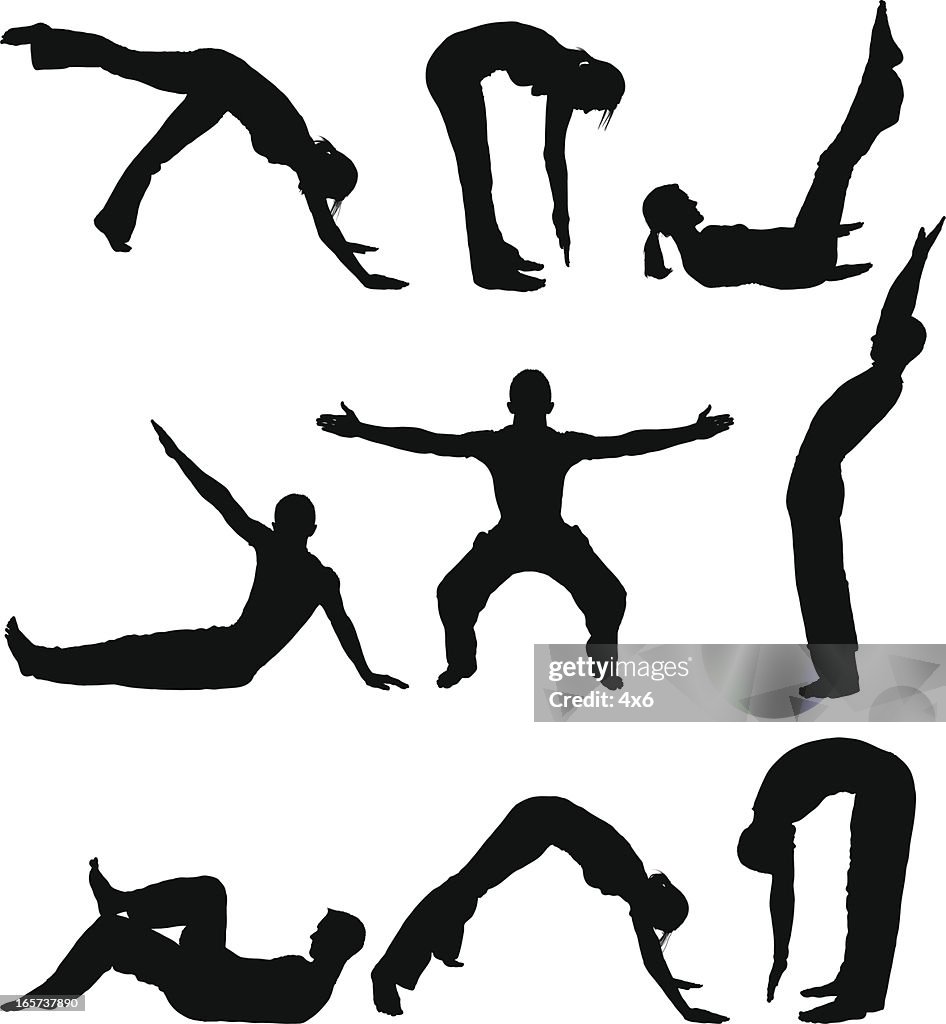 Men and woman doing yoga stretches