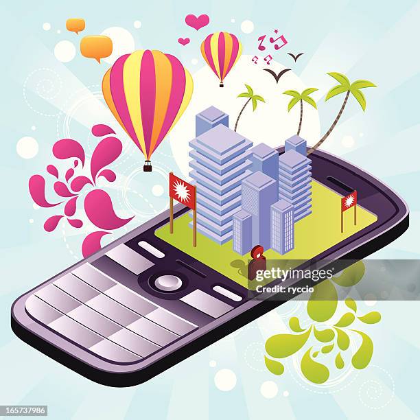 isometric mobile phone with hot air baloon - air scribbles stock illustrations