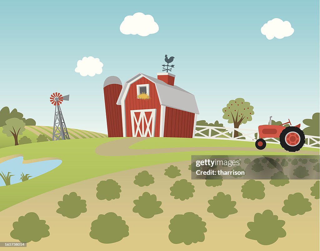 Cartoon Farm Landscape With Fields And Tractor High-Res Vector Graphic -  Getty Images