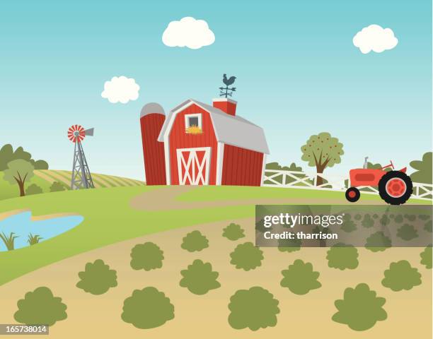 cartoon farm landscape with fields and tractor - barn stock illustrations
