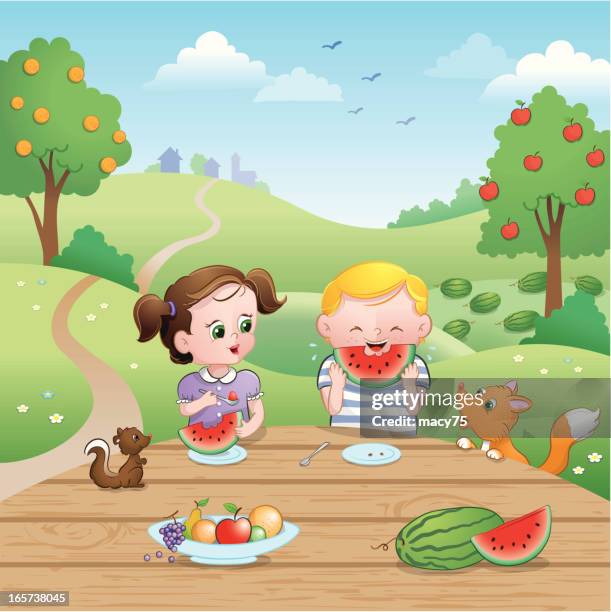 watermelon picnic summer kids - eating bowl of fruit stock illustrations