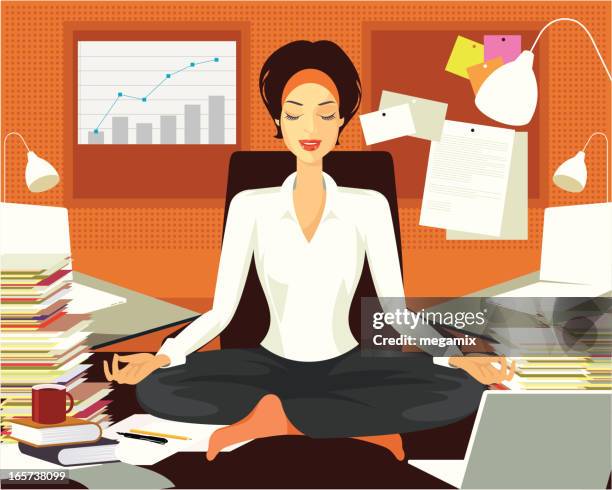 yoga practice in a busy office. - eyes closed stock illustrations