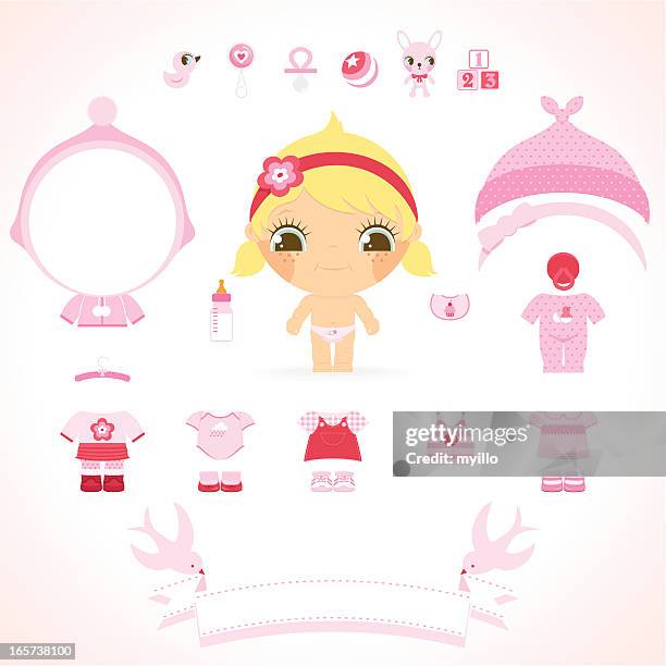babymode – mädchen bereit. rosa kleidung, spielzeug und banner für name - mini dress stock-grafiken, -clipart, -cartoons und -symbole