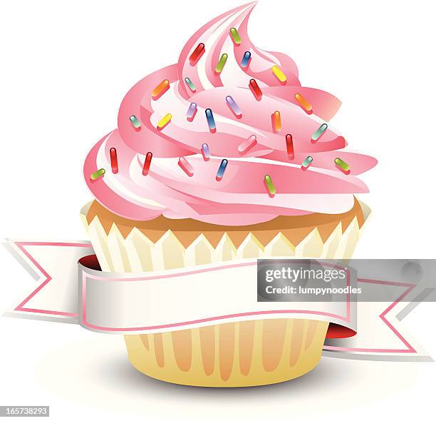 illustrations, cliparts, dessins animés et icônes de cupcake rose avec bannière - glaçage