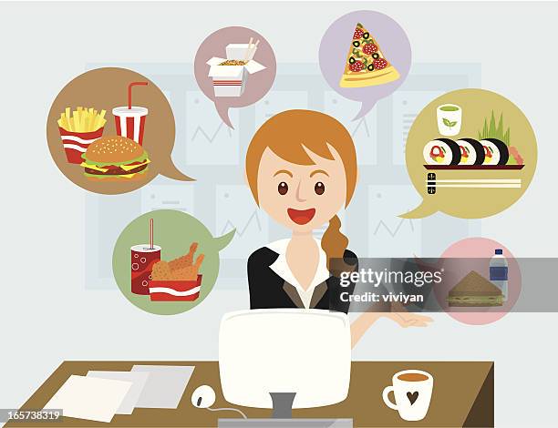 office girl with lunch ideas - file clerk stock illustrations