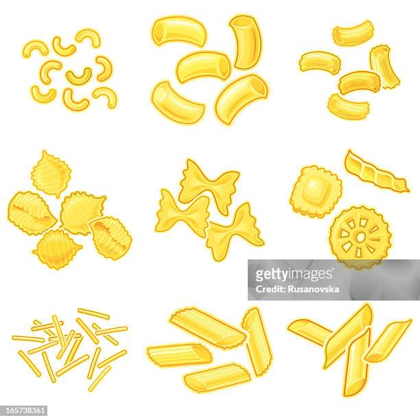 set of different pasta types - dried food stock illustrations