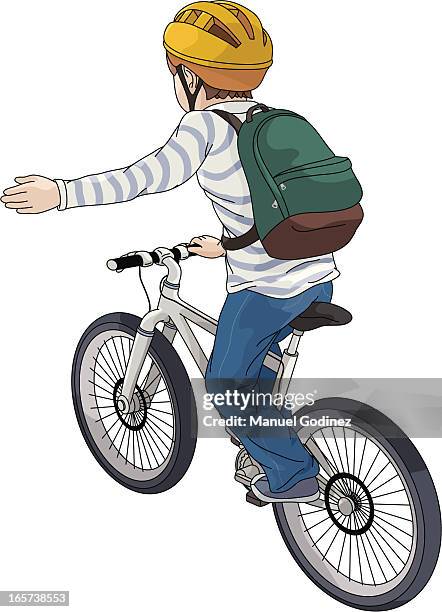 drawing of a child riding a bike and signaling to turn left - bike hand signals stock illustrations