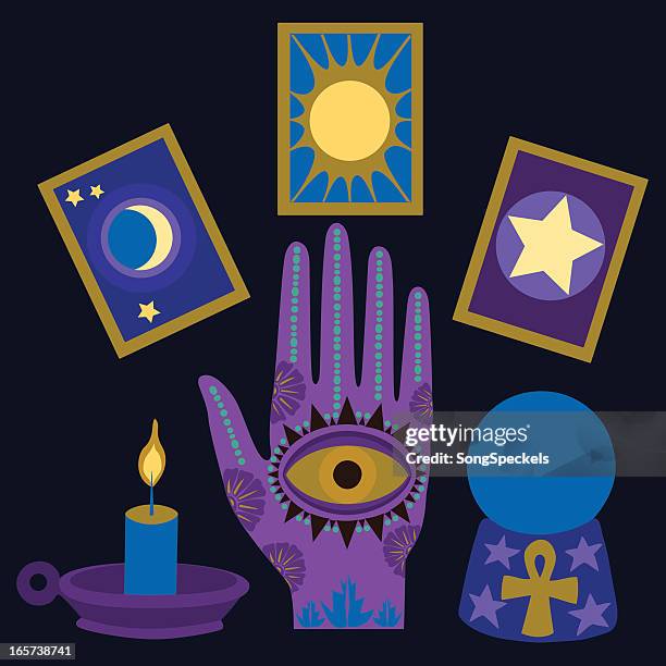 stockillustraties, clipart, cartoons en iconen met psychic palm reader elements - tarot cards