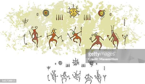prähistorische felszeichnung oder höhlenmalerei schamane-tanz - prehistoric era stock-grafiken, -clipart, -cartoons und -symbole