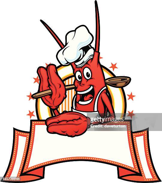 comic-motiven des crawfish chefkoch mit banner - crayfish seafood stock-grafiken, -clipart, -cartoons und -symbole