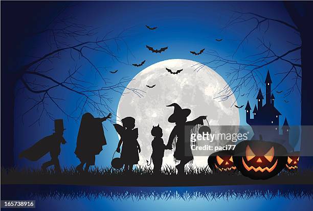 stockillustraties, clipart, cartoons en iconen met halloween children trick or treat - midnight