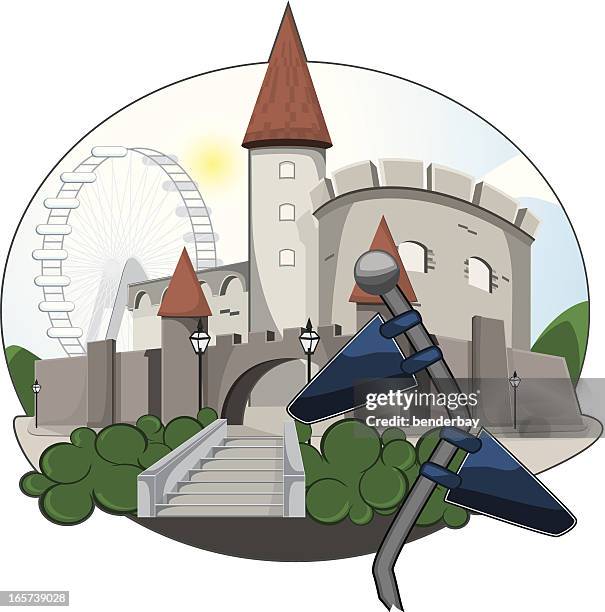 bildbanksillustrationer, clip art samt tecknat material och ikoner med old city castle. - fortress gate and staircases