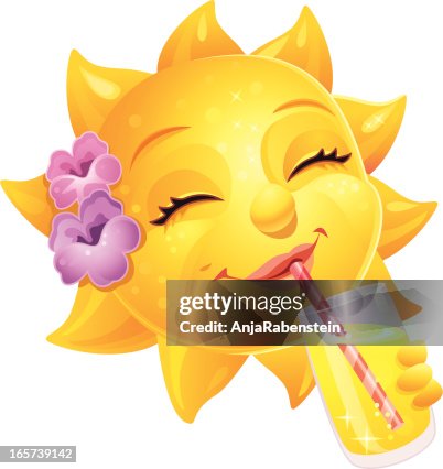 Cute Female Cartoon Summer Sun With Human Face And Drink High-Res