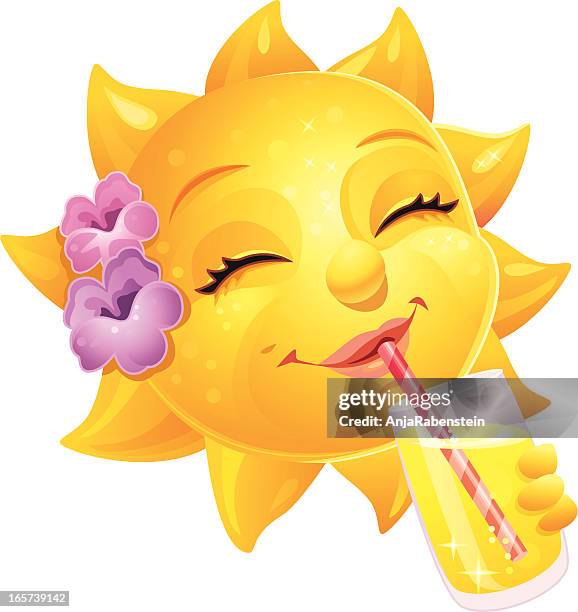 cute female cartoon summer sun with human face and drink - orange drink stock illustrations