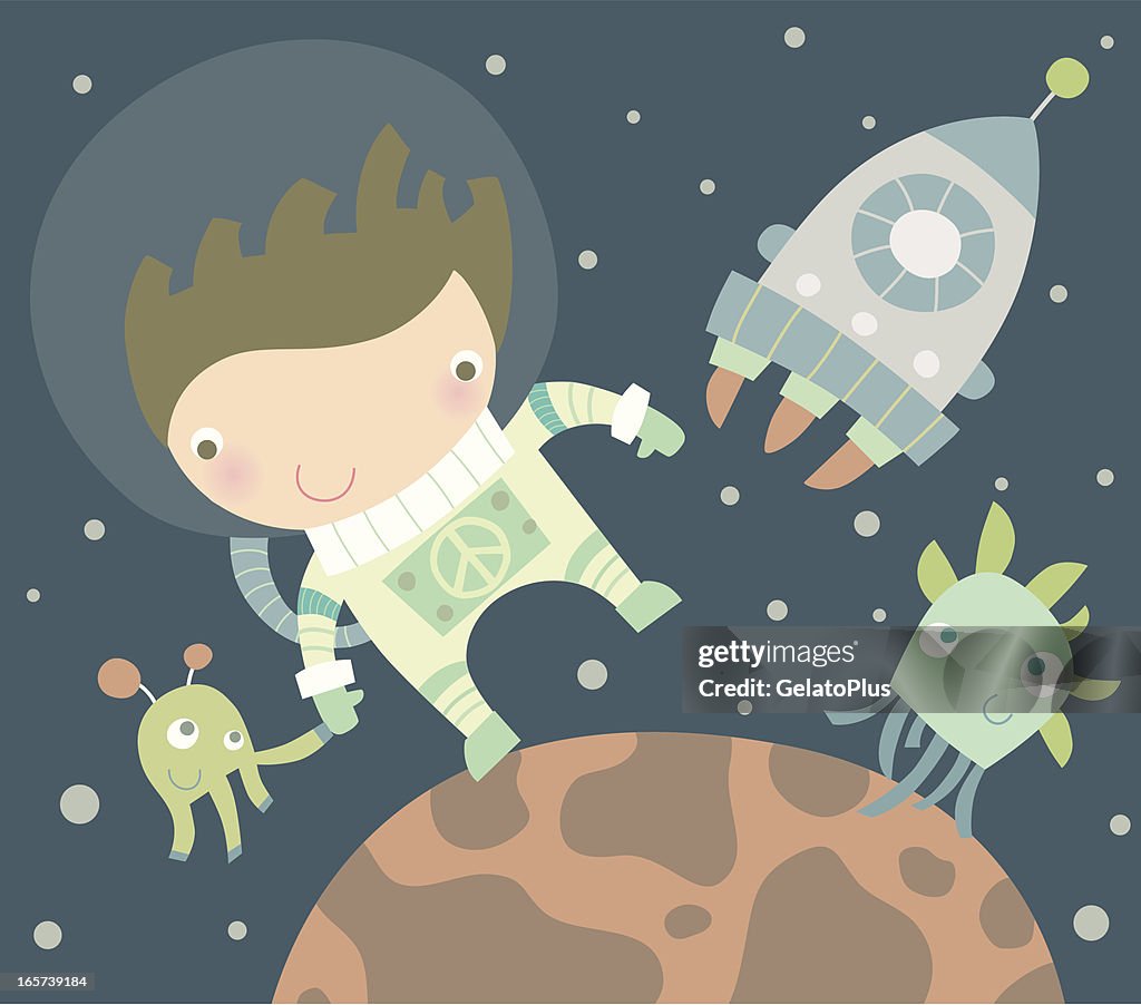 Vector cartoon of a man in space with a spaceship and aliens