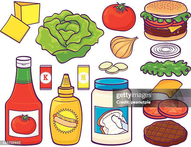 hamburger set with condiments and stuff - ketchup stock illustrations