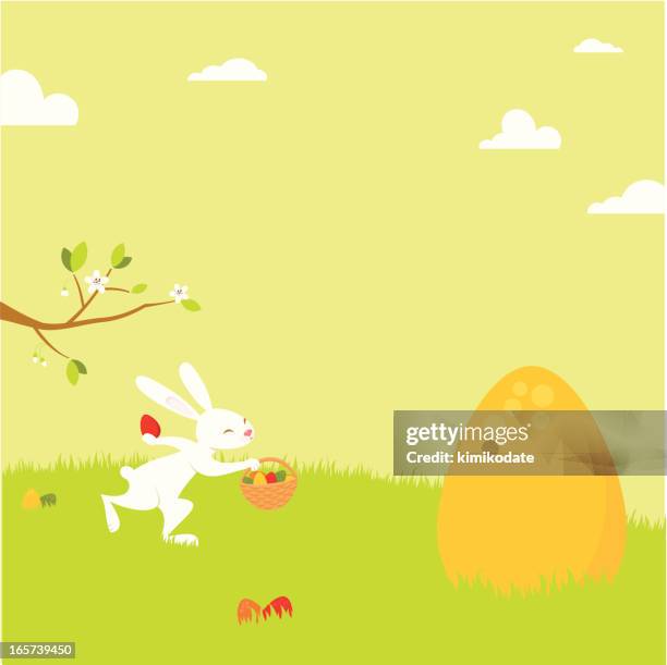 easter rabbit gathering eggs - easter basket stock illustrations