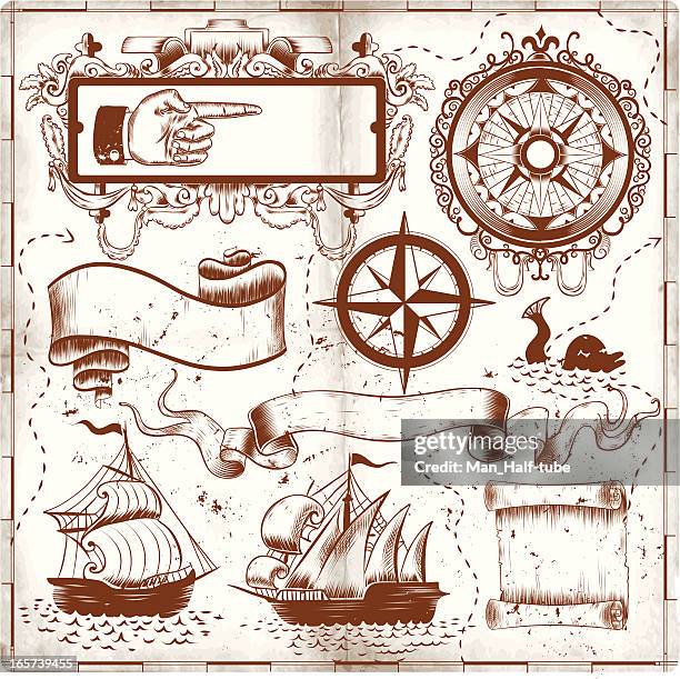 illustrazioni stock, clip art, cartoni animati e icone di tendenza di vecchia mappa e schizzi - rosa dei venti