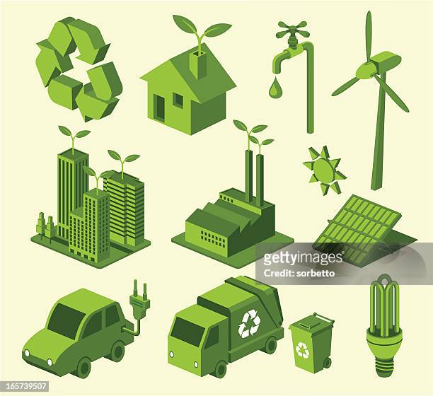green recycling icons against cream background - three dimensional stock illustrations