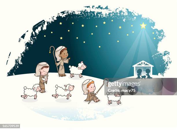 three shepherds kids nativity scene - jesus christ christmas stock illustrations