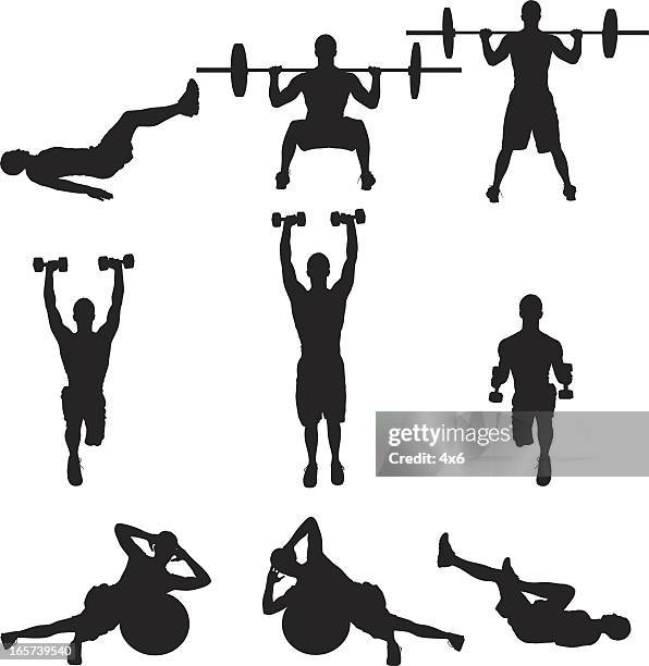weight training men working out - lying on back exercise stock illustrations