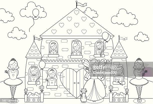 fairytale palace with princesses, fairy and ballerinas to color in. - tiara stock illustrations