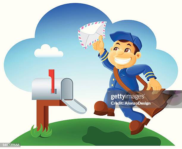 happy postman with letter - postal worker stock illustrations