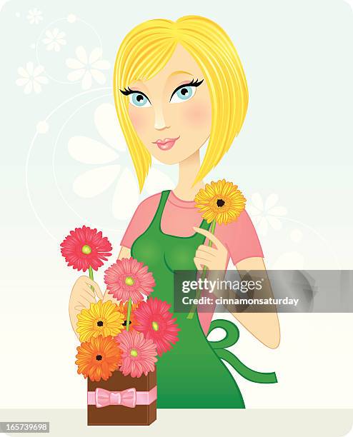 beautiful blond florist arranging gerbera daisies - gerbera stock illustrations