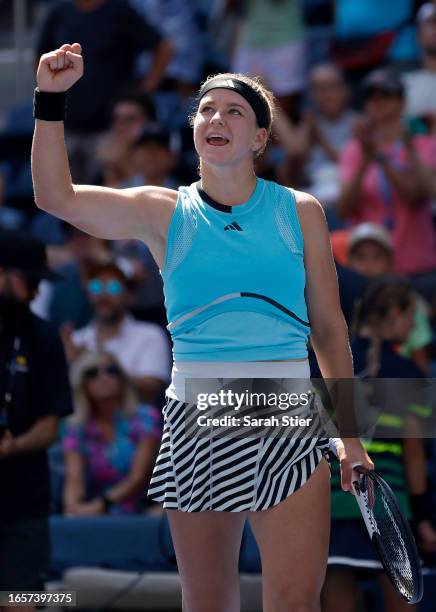 Karolina Muchova of the Czech Republic reacts after defeating Xinyu Wang of China during their Women's Singles Fourth Round match on Day Seven of the...