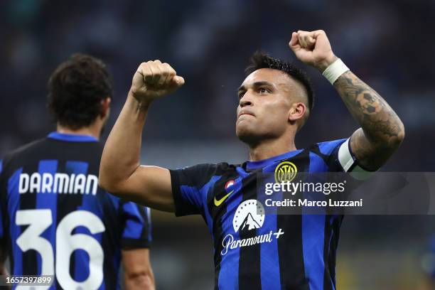 Lautaro Martínez of Inter Milan celebrates after scoring the team's second goal during the Serie A TIM match between FC Internazionale and ACF...