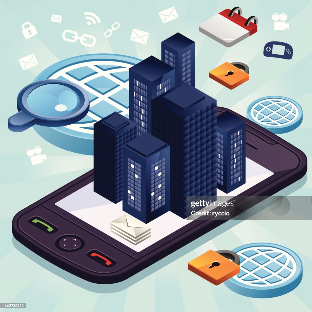 Internet mobile, skyscrapers and icons