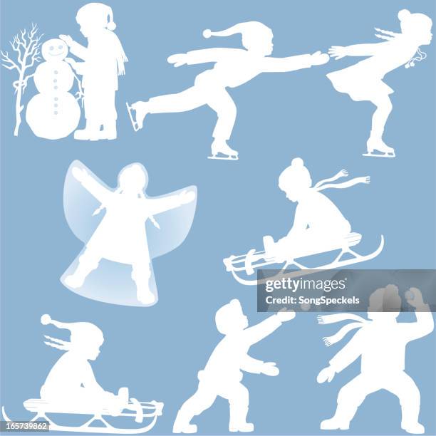 children playing in winter silhouettes - sled stock illustrations