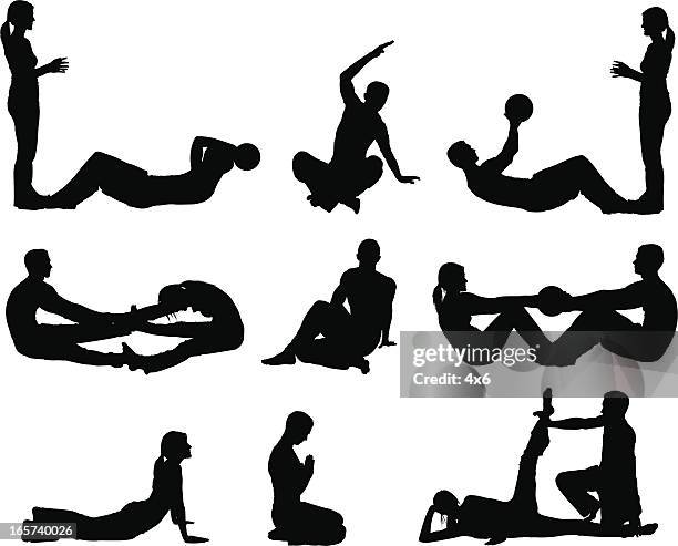 yoga pilates workout men and women - lying on back exercise stock illustrations