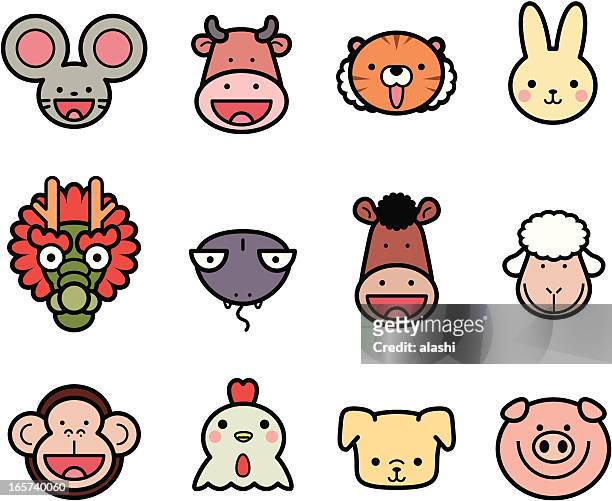icon collection: cute chinese zodiac in color - rooster print stock illustrations