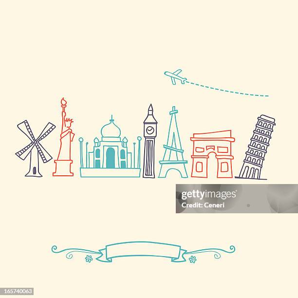 international landmarks and travel destinations cityscape set - monument stock illustrations